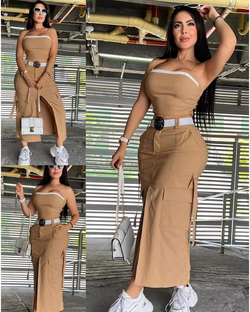 Blusa Café + Falda Larga Café