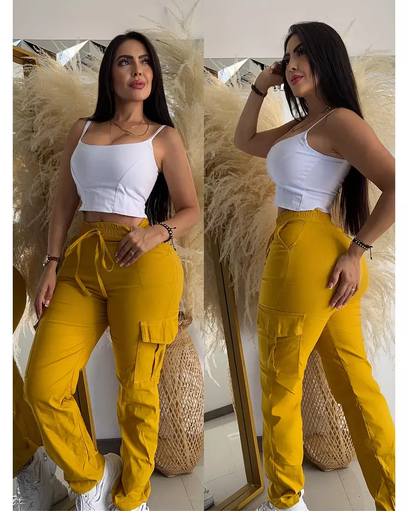Blusa Blanca Tiras + Pantalon Amarillo Mostaza