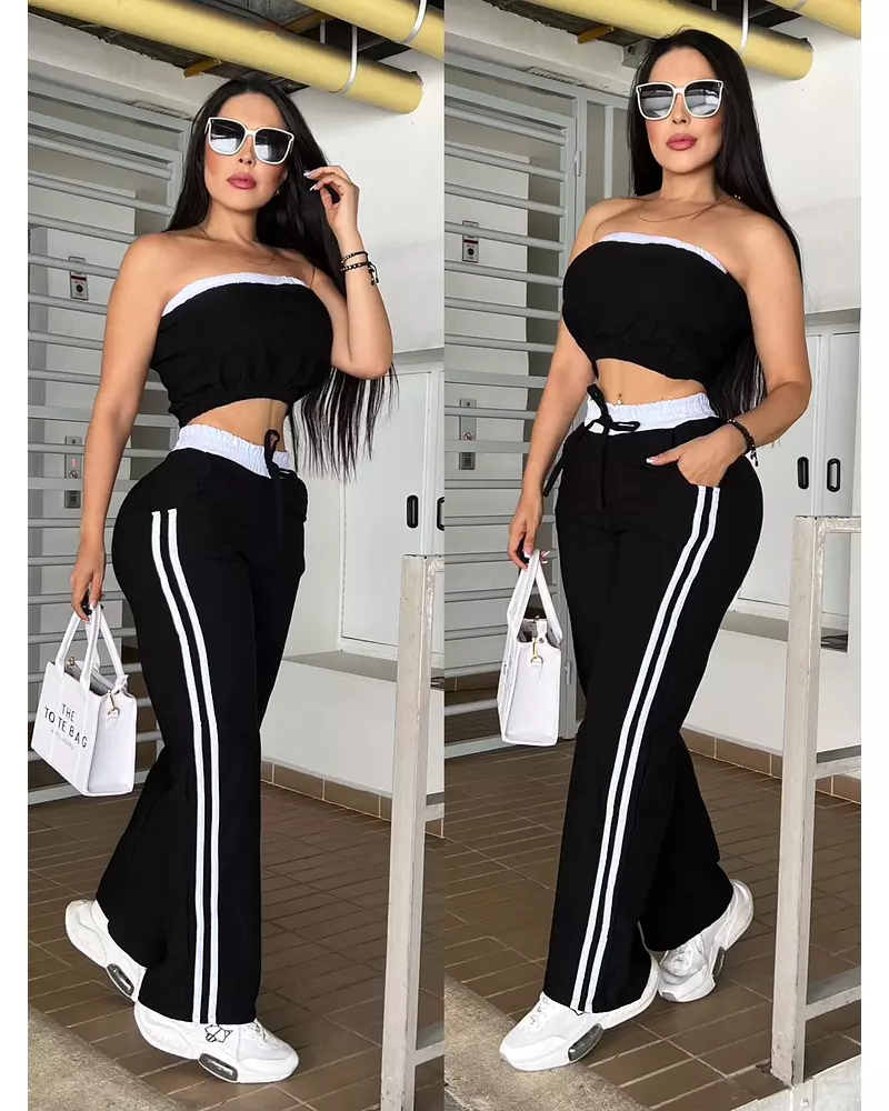 Blusa Negra Estraple + Pantalón Negro