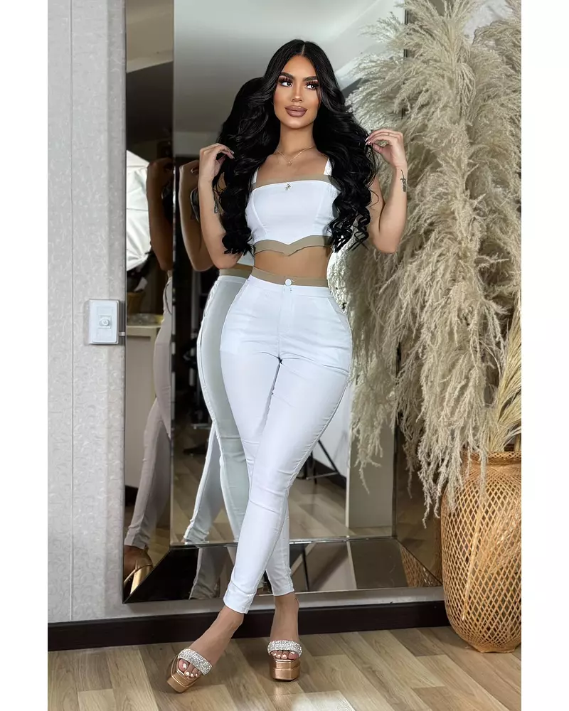 Blusa Blanca Aplique Café + Pantalon Blanco