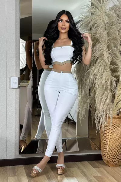 Blusa Blanca Aplique Café + Pantalon Blanco
