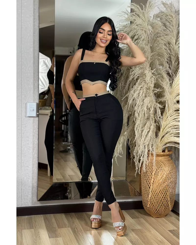 Blusa Negra Aplique Cafe + Pantalón Negro