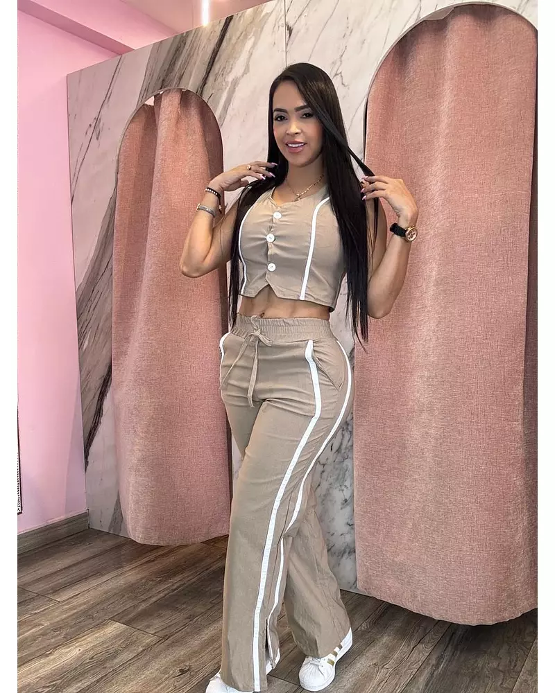 Blusa Beige + Pantalon Beibe Aplique Blanco