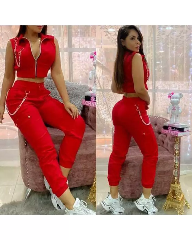 Blusa Roja + Pantalon Rojo Aplique Cadena